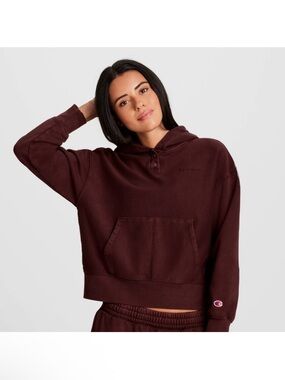 NWT Champion Women's Dark Maroon Cropped Hoodie size M Vintage Wash Fleece Hood